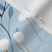 Abstract white flowers on icy light blue, winter flowers - medium scale