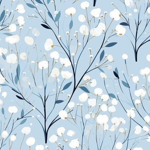 Abstract white flowers on icy light blue, winter flowers - medium scale