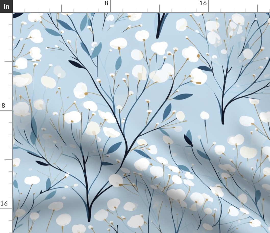 Abstract white flowers on icy light blue, winter flowers - medium scale