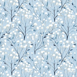 Abstract white flowers on icy light blue, winter flowers - small scale
