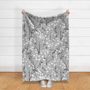 Abstract white flowers on light silver grey, winter flowers - large scale