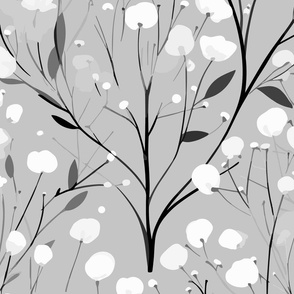 Abstract white flowers on light silver grey, winter flowers - large scale