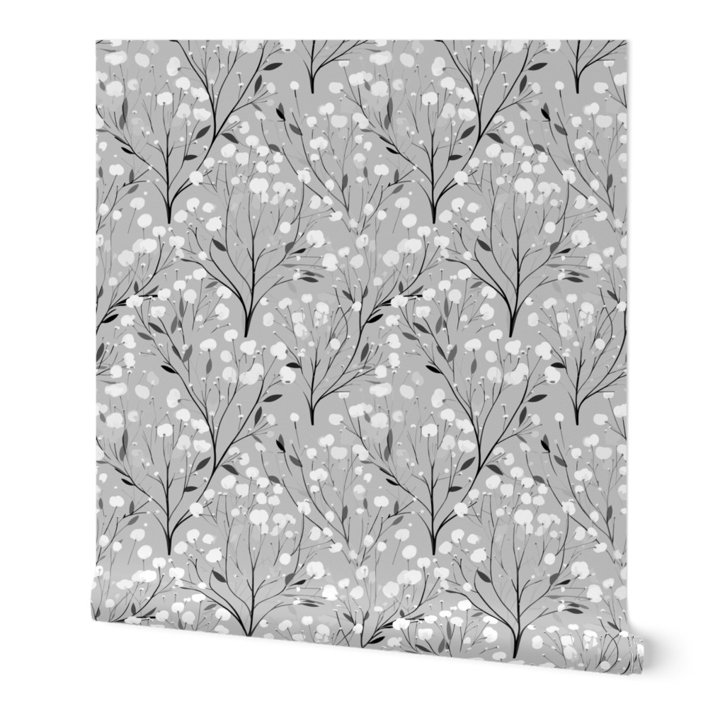 Abstract white flowers on light silver grey, winter flowers - medium scale