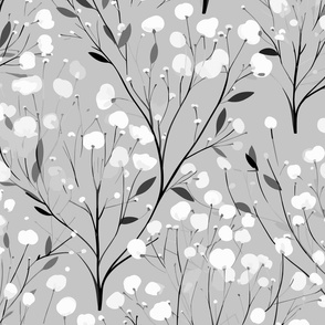 Abstract white flowers on light silver grey, winter flowers - medium scale
