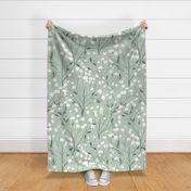 Abstract white flowers on green / sage green / Sage Tint, winter flowers - large scale