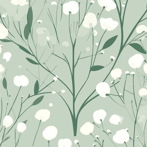 Abstract white flowers on green / sage green / Sage Tint, winter flowers - large scale