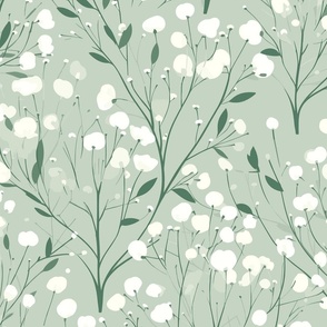 Abstract white flowers on green / sage green / Sage Tint, winter flowers - medium scale