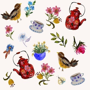 Hand-Painted Birds, Tea Things, Blooms Med-Large Scale