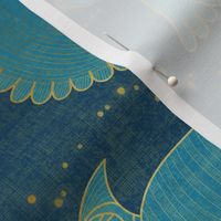 Magical Flying Birds // Teal and Gold on Dark Teal