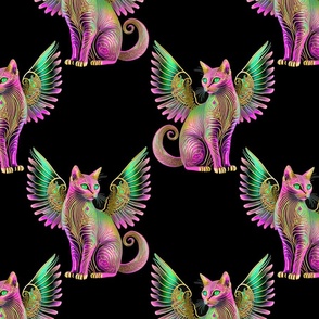 Bioluminescent Cat Pink & Green with Gold Wings