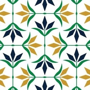 S ✹ Diamond Ogee Flower in Navy Blue, Gold, and Green Team Colors on a White Background - Modern Sports Decor