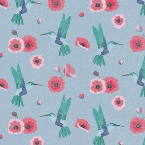 Hummingbirds and poppies | Blue Background 