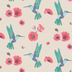 Hummingbirds and poppies | Beige Background 