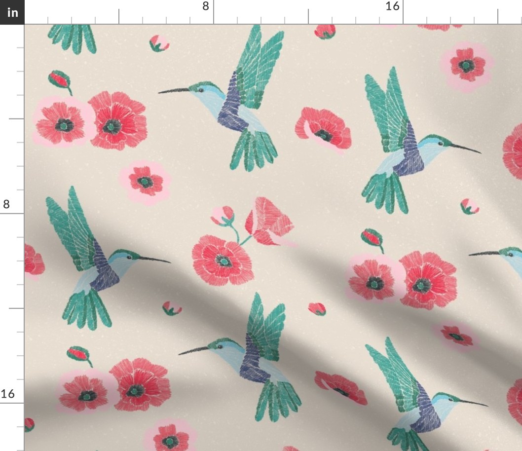 Hummingbirds and poppies | Beige Background 