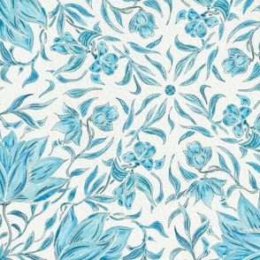 Light Blue and White Florals and Leaves Block Print / Linocut Inspired Chinese / Netherlands Delft Watercolor Flowers