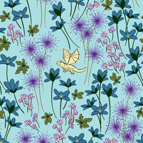 Large Whimsical Woodland Dragons Flying Among Flowers - Ecru Flax, Light Blue