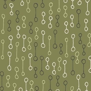 424 -  Medium scale  leaf green, olive green and slate grey keyhole double loop reminiscent of a horse bit, organic shaped hand drawn geometric - for cotton sheets, curtains, table linen, two directional for apparel and wallpaper.