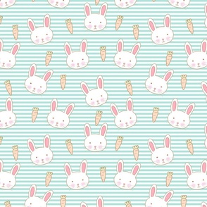 Bunnies and Carrots on Aqua Stripes, Bunny Fabric, Spring, Spring Fabric, Cute Bunnies, Bunny Faces, Bunnies, Rabbits, Easter Bunnies, Easter Fabric, Kids Easter, Cute Easter