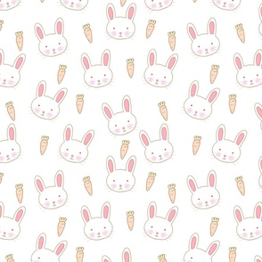 Bunnies and Carrots on White, Bunny Fabric, Spring, Spring Fabric, Cute Bunnies, Bunny Faces, Bunnies, Rabbits, Easter Bunnies, Easter Fabric, Kids Easter, Cute Easter