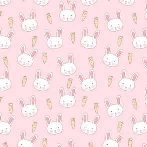 Bunnies and Carrots on Pastel Pink, Bunny Fabric, Spring, Spring Fabric, Cute Bunnies, Bunny Faces, Bunnies, Rabbits, Easter Bunnies, Easter Fabric, Kids Easter, Cute Easter