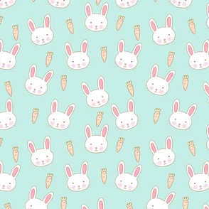 Bunnies and Carrots on Aqua Blue, Bunny Fabric, Spring, Spring Fabric, Cute Bunnies, Bunny Faces, Bunnies, Rabbits, Easter Bunnies, Easter Fabric, Kids Easter, Cute Easter