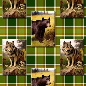 Maine Camp Wolf and Bear Large Plaid Check Green Brown