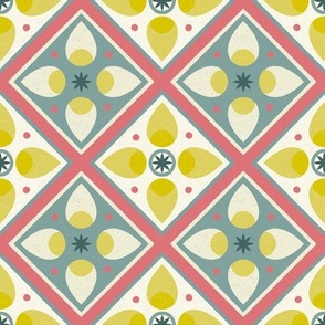 mosaic tiles, stylized florals, serenade collection. Lemon yellow