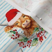 watercolor christmas highland cow print , highland cow head with jolly blue stripes WB23 medium scale