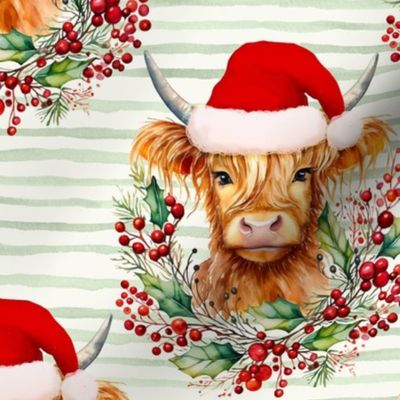 watercolor christmas highland cow print , highland cow head with jolly green stripes WB23 large scale