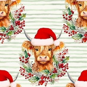 watercolor christmas highland cow print , highland cow head with jolly green stripes WB23 large scale