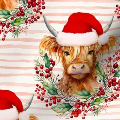 watercolor christmas highland cow print , highland cow head with jolly red stripes WB23 large scale