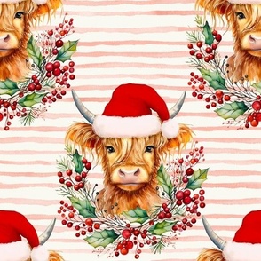 watercolor christmas highland cow print , highland cow head with jolly red stripes WB23 large scale