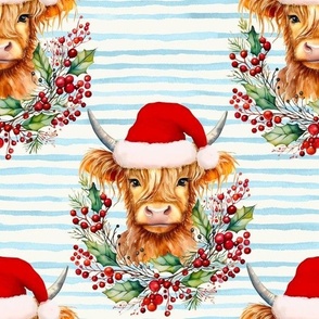 watercolor christmas highland cow print , highland cow head with jolly blue stripes WB23 large scale