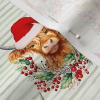 watercolor christmas highland cow print , highland cow head with jolly  green stripes WB23 medium scale
