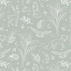 Woodland animals autumn garden deer foxes bunnies hedgehogs and owls freehand outline white on sage green