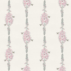 Pink and green foxglove and bees vertical floral for wallpaper