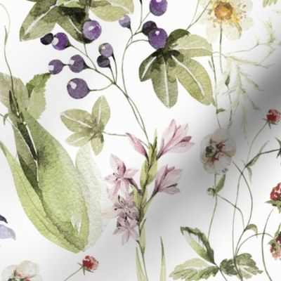Large - My Enchanting  Hand Painted Nostalgic Cottagecore Wildflower Meadow With Forget Me Not and wild Strawberries 