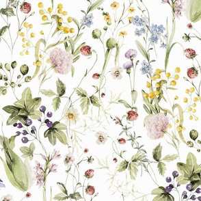 Large - My Enchanting  Hand Painted Nostalgic Cottagecore Wildflower Meadow With Forget Me Not and wild Strawberries 