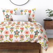 Stylised Summer Floral in Peach, Teal & Lime Large Scale