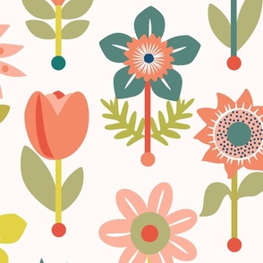 Stylised Summer Floral in Peach, Teal & Lime Large Scale