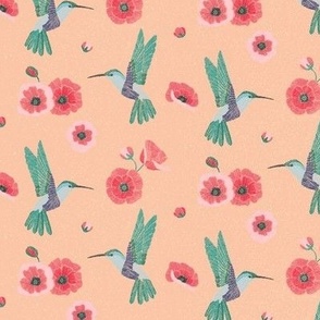 Hummingbirds and poppies | Tan Background 