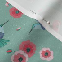 Hummingbirds and poppies | Green Background 