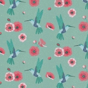 Hummingbirds and poppies | Green Background 