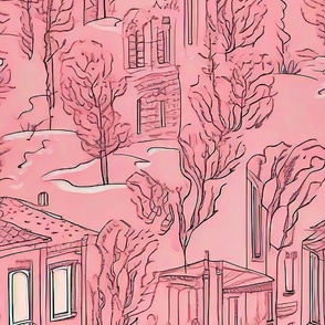 Pink  trees and houses