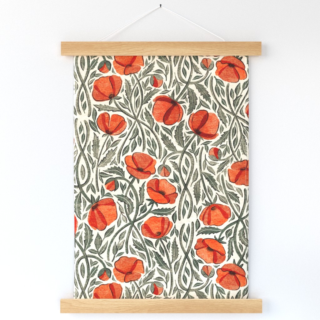 Peace and Dreams Poppy Print In Cream, Grey and Coral Medium