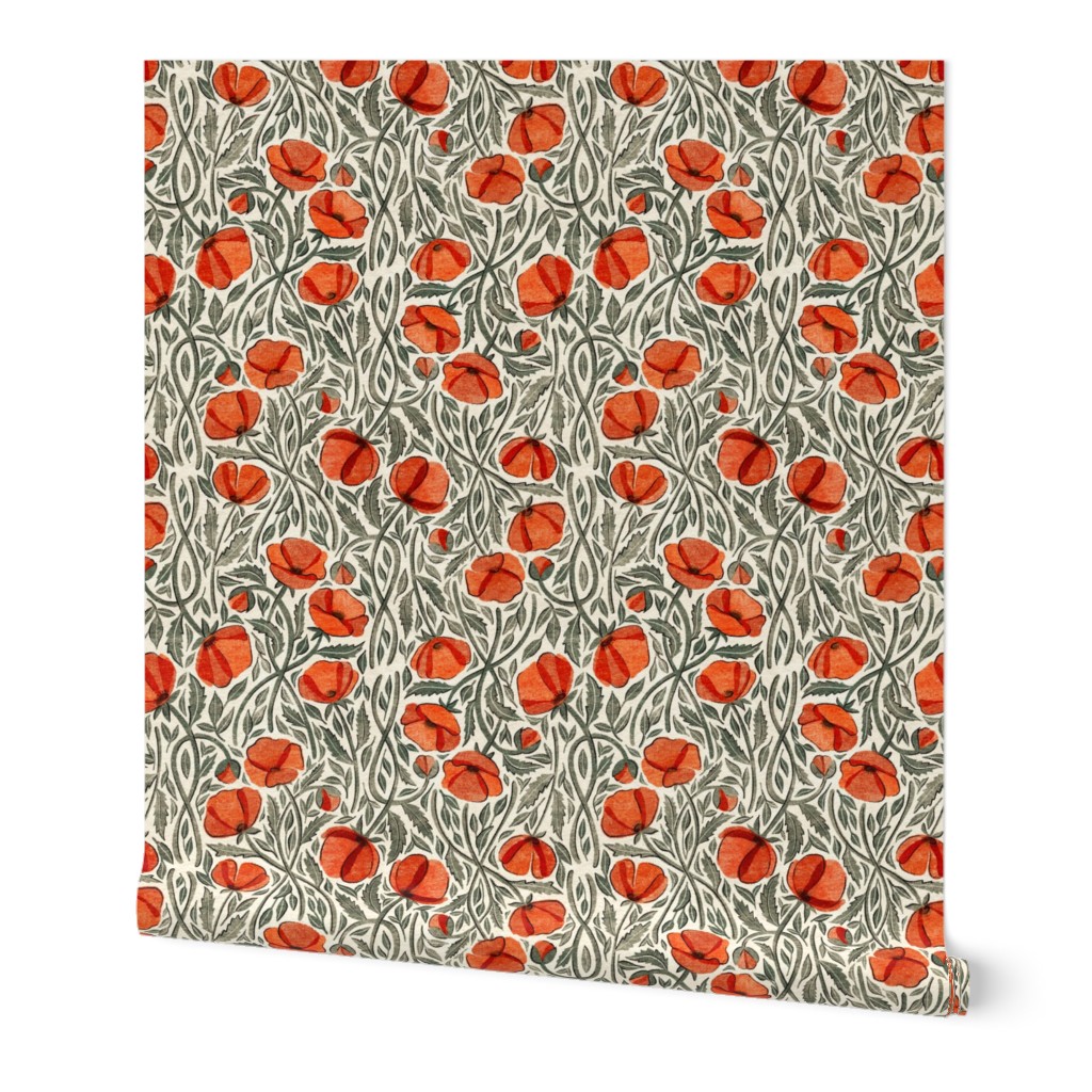 Peace and Dreams Poppy Print In Cream, Grey and Coral Medium