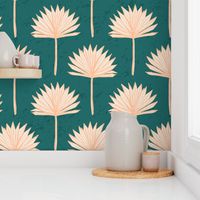 (L) Peach fuzz fan palms on caribbean teal, coastal beach house wallpaper