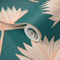 (L) Peach fuzz fan palms on caribbean teal, coastal beach house wallpaper