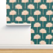 (L) Peach fuzz fan palms on caribbean teal, coastal beach house wallpaper