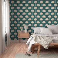 (L) Peach fuzz fan palms on caribbean teal, coastal beach house wallpaper